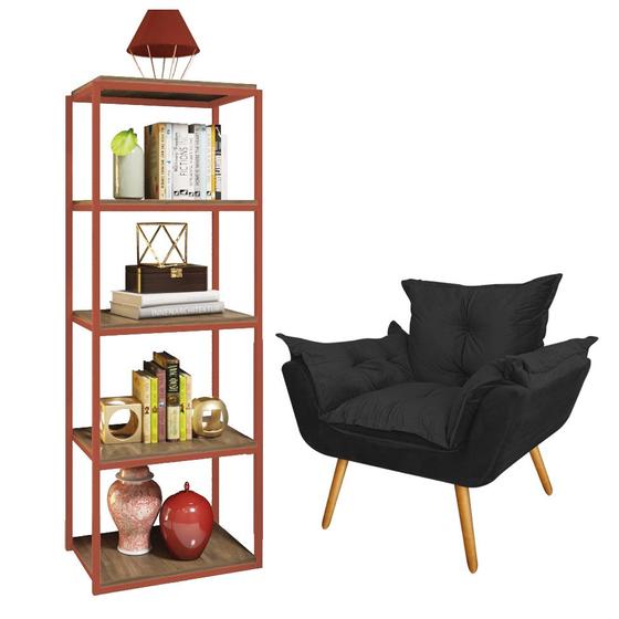 Imagem de Kit Poltrona Fatte com Estante Livreiro Ferro Bronze MDF Freijó Suede Preto - Ahazzo Móveis