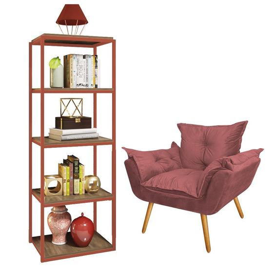 Imagem de Kit Poltrona Fatte com Estante Livreiro Ferro Bronze MDF Freijó Suede Rose Gold - Ahazzo Móveis