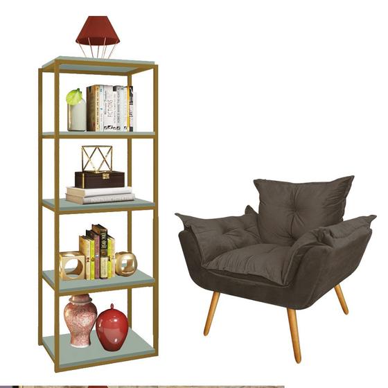 Imagem de Kit Poltrona Fatte com Estante Livreiro Ferro Dourado MDF Verde Oliva Suede Cinza - Ahazzo Móveis