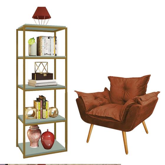 Imagem de Kit Poltrona Fatte com Estante Livreiro Ferro Dourado MDF Verde Oliva Suede Terracota - Ahazzo Móveis