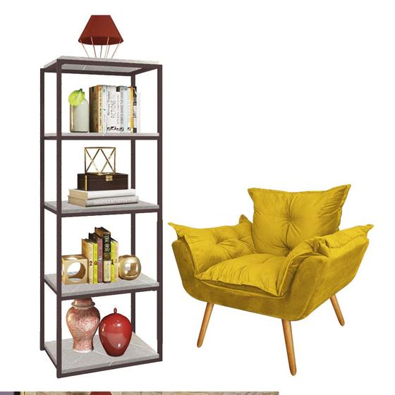 Imagem de Kit Poltrona Fatte com Estante Livreiro Ferro Marrom MDF Marmorizado Cinza Suede Amarelo - Ahazzo Móveis