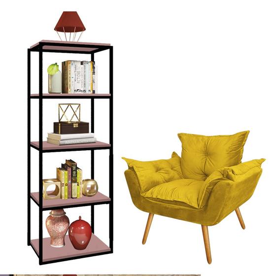 Imagem de Kit Poltrona Fatte com Estante Livreiro Ferro Preto MDF Rose Suede Amarelo - Ahazzo Móveis