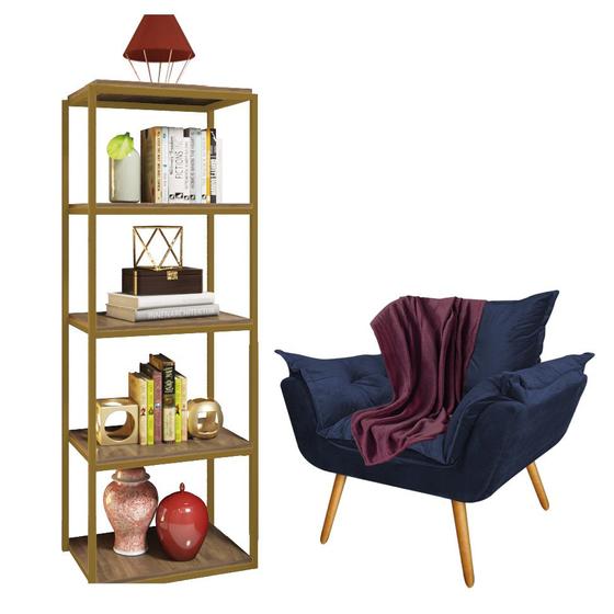 Imagem de Kit Poltrona Fatte com Manta Soft Bordô e Estante Livreiro Ferro Dourado MDF Freijó Suede Azul Marinho - Ahazzo Móveis