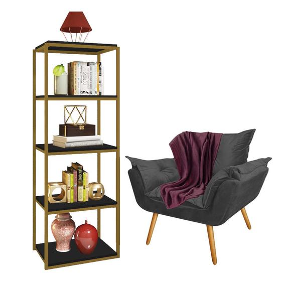 Imagem de Kit Poltrona Fatte com Manta Soft Bordô e Estante Livreiro Ferro Dourado MDF Preto Suede Cinza - Ahz Móveis