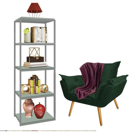 Imagem de Kit Poltrona Fatte com Manta Soft Bordô e Estante Livreiro Ferro Prata MDF Verde Oliva Suede Verde Musgo - Ahz Móveis