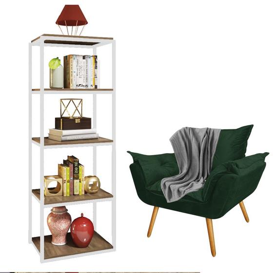 Imagem de Kit Poltrona Fatte com Manta Soft Cinza e Estante Livreiro Ferro Branco MDF Freijó Suede Verde Musgo - Ahz Móveis