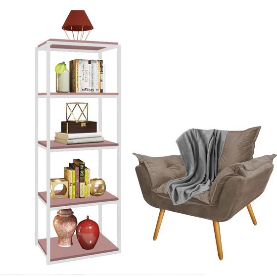 Imagem de Kit Poltrona Fatte com Manta Soft Cinza e Estante Livreiro Ferro Branco MDF Rose Suede Bege - Ahz Móveis