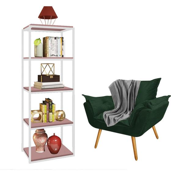 Imagem de Kit Poltrona Fatte com Manta Soft Cinza e Estante Livreiro Ferro Branco MDF Rose Suede Verde Musgo - Ahz Móveis