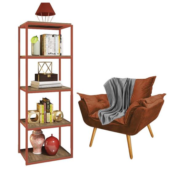 Imagem de Kit Poltrona Fatte com Manta Soft Cinza e Estante Livreiro Ferro Bronze MDF Imbuia Suede Terracota - Ahazzo Móveis