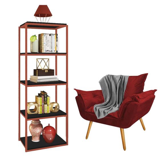 Imagem de Kit Poltrona Fatte com Manta Soft Cinza e Estante Livreiro Ferro Bronze MDF Preto Suede Vermelho - Ahz Móveis