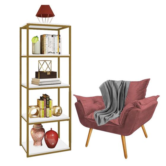 Imagem de Kit Poltrona Fatte com Manta Soft Cinza e Estante Livreiro Ferro Dourado MDF Branco Suede Rose Gold - Ahazzo Móveis