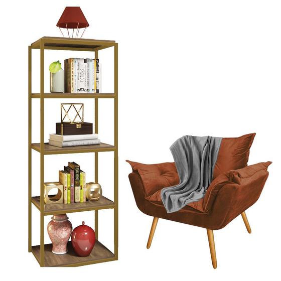 Imagem de Kit Poltrona Fatte com Manta Soft Cinza e Estante Livreiro Ferro Dourado MDF Caramelo Suede Terracota - Ahazzo Móveis