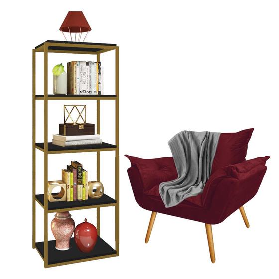 Imagem de Kit Poltrona Fatte com Manta Soft Cinza e Estante Livreiro Ferro Dourado MDF Preto Suede Bordô - Ahz Móveis