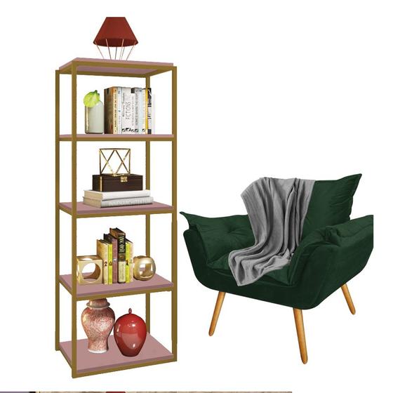 Imagem de Kit Poltrona Fatte com Manta Soft Cinza e Estante Livreiro Ferro Dourado MDF Rose Suede Verde Musgo - Ahz Móveis