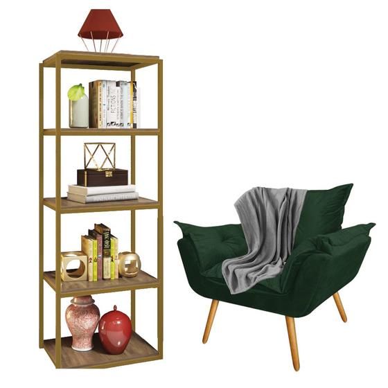 Imagem de Kit Poltrona Fatte com Manta Soft Cinza e Estante Livreiro Ferro Dourado MDF Rústico Suede Verde Musgo - Ahz Móveis