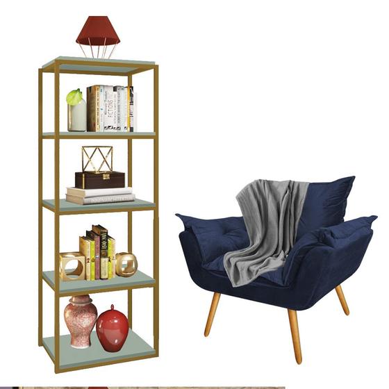 Imagem de Kit Poltrona Fatte com Manta Soft Cinza e Estante Livreiro Ferro Dourado MDF Verde Oliva Suede Azul Marinho - Ahazzo Móveis