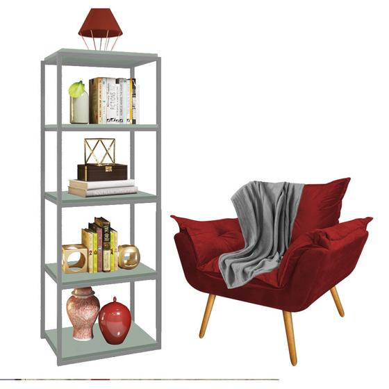 Imagem de Kit Poltrona Fatte com Manta Soft Cinza e Estante Livreiro Ferro Prata MDF Verde Oliva Suede Vermelho - Ahz Móveis