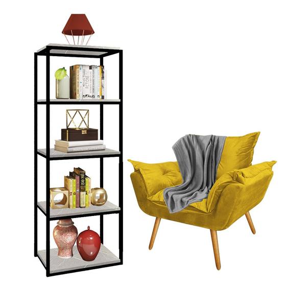 Imagem de Kit Poltrona Fatte com Manta Soft Cinza e Estante Livreiro Ferro Preto MDF Marmorizado Cinza Suede Amarelo - Ahazzo Móveis