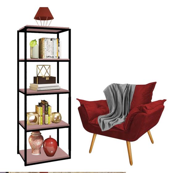 Imagem de Kit Poltrona Fatte com Manta Soft Cinza e Estante Livreiro Ferro Preto MDF Rose Suede Vermelho - Ahz Móveis