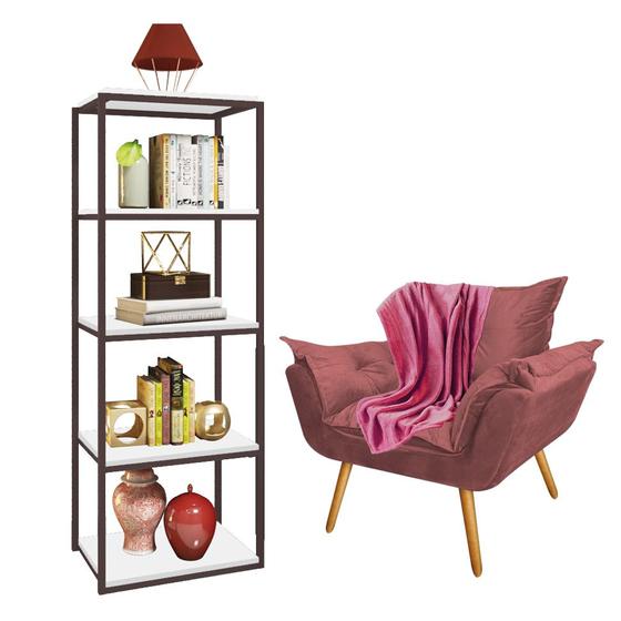 Imagem de Kit Poltrona Fatte com Manta Soft e Estante Livreiro Ferro Marrom MDF Branco Suede Rose Gold - Ahazzo Móveis