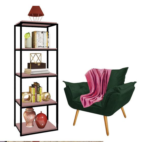 Imagem de Kit Poltrona Fatte com Manta Soft e Estante Livreiro Ferro Preto MDF Rose Suede Verde Musgo - Ahazzo Móveis