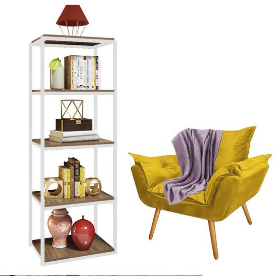 Imagem de Kit Poltrona Fatte com Manta Soft Lilás e Estante Livreiro Ferro Branco MDF Freijó Suede Amarelo - Ahazzo Móveis