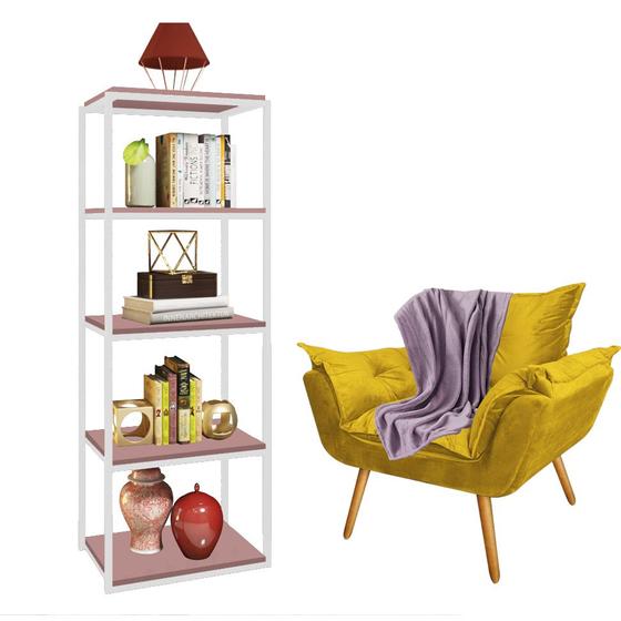 Imagem de Kit Poltrona Fatte com Manta Soft Lilás e Estante Livreiro Ferro Branco MDF Rose Suede Amarelo - Ahazzo Móveis