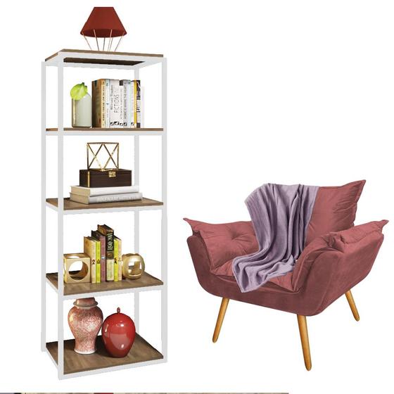 Imagem de Kit Poltrona Fatte com Manta Soft Lilás e Estante Livreiro Ferro Branco MDF Rústico Suede Rose Gold - Ahazzo Móveis