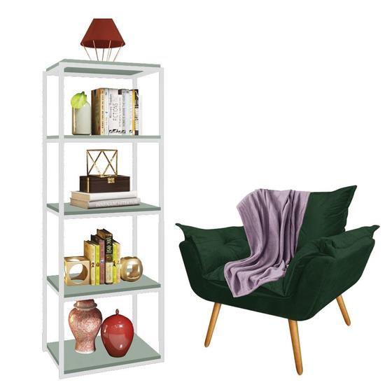 Imagem de Kit Poltrona Fatte com Manta Soft Lilás e Estante Livreiro Ferro Branco MDF Verde Oliva Suede Verde Musgo - Ahz Móveis