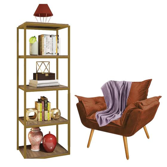 Imagem de Kit Poltrona Fatte com Manta Soft Lilás e Estante Livreiro Ferro Dourado MDF Carvalho Suede Terracota - Ahz Móveis