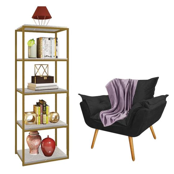 Imagem de Kit Poltrona Fatte com Manta Soft Lilás e Estante Livreiro Ferro Dourado MDF Marmorizado Cinza Suede Preto - Ahz Móveis