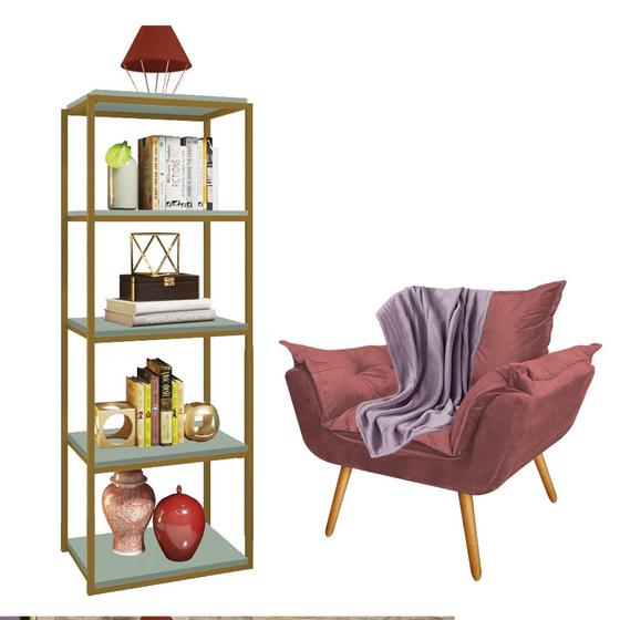 Imagem de Kit Poltrona Fatte com Manta Soft Lilás e Estante Livreiro Ferro Dourado MDF Verde Oliva Suede Rose Gold - Ahazzo Móveis