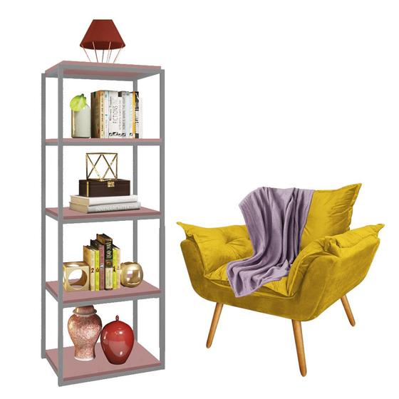 Imagem de Kit Poltrona Fatte com Manta Soft Lilás e Estante Livreiro Ferro Prata MDF Rose Suede Amarelo - Ahz Móveis