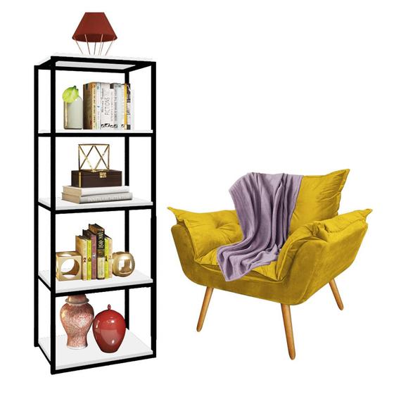 Imagem de Kit Poltrona Fatte com Manta Soft Lilás e Estante Livreiro Ferro Preto MDF Branco Suede Amarelo - Ahazzo Móveis