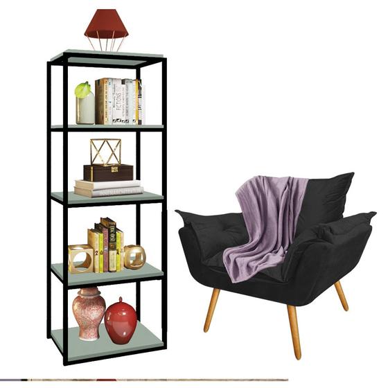 Imagem de Kit Poltrona Fatte com Manta Soft Lilás e Estante Livreiro Ferro Preto MDF Verde Oliva Suede Preto - Ahazzo Móveis