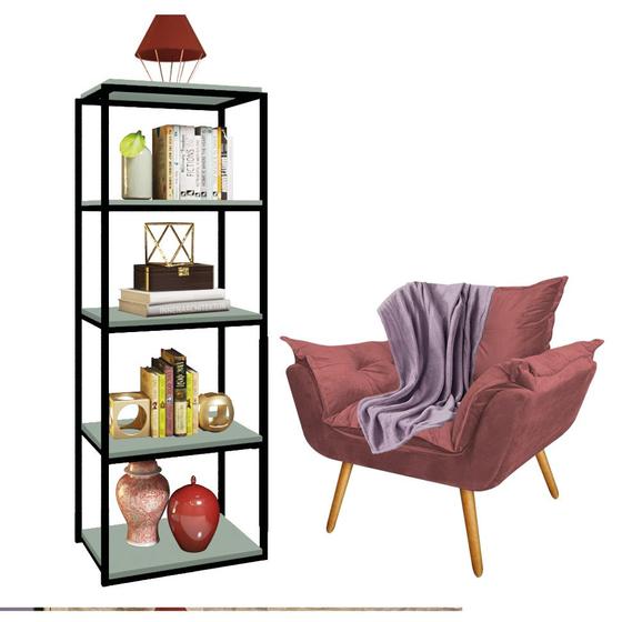 Imagem de Kit Poltrona Fatte com Manta Soft Lilás e Estante Livreiro Ferro Preto MDF Verde Oliva Suede Rose Gold - Ahazzo Móveis