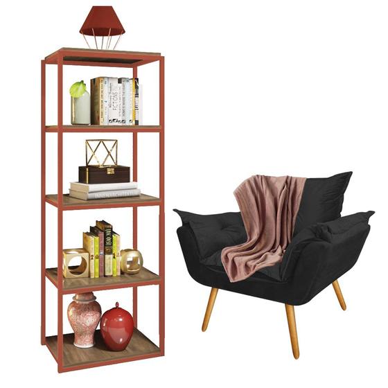 Imagem de Kit Poltrona Fatte com Manta Soft Salmão e Estante Livreiro Ferro Bronze MDF Freijó Suede Preto - Ahazzo Móveis