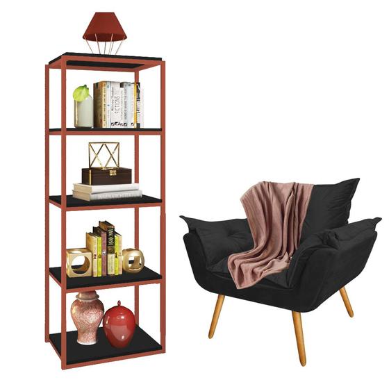 Imagem de Kit Poltrona Fatte com Manta Soft Salmão e Estante Livreiro Ferro Bronze MDF Preto Suede Preto - Ahazzo Móveis