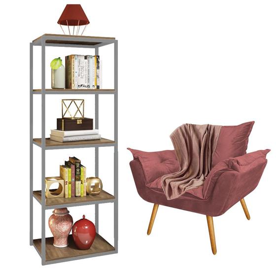 Imagem de Kit Poltrona Fatte com Manta Soft Salmão e Estante Livreiro Ferro Cinza MDF Freijó Suede Rose Gold - Ahazzo Móveis