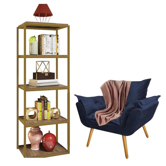 Imagem de Kit Poltrona Fatte com Manta Soft Salmão e Estante Livreiro Ferro Dourado MDF Carvalho Suede Azul Marinho - Ahz Móveis