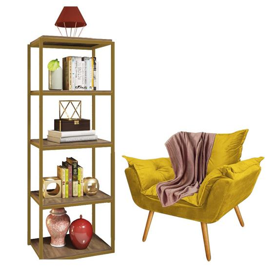 Imagem de Kit Poltrona Fatte com Manta Soft Salmão e Estante Livreiro Ferro Dourado MDF Rústico Suede Amarelo - Ahazzo Móveis