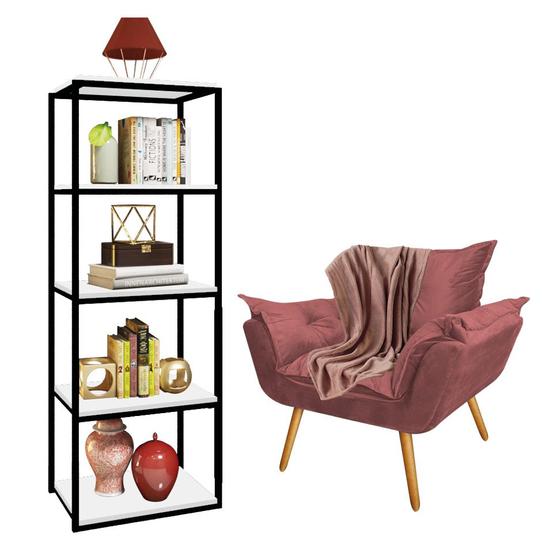 Imagem de Kit Poltrona Fatte com Manta Soft Salmão e Estante Livreiro Ferro Preto MDF Branco Suede Rose Gold - Ahazzo Móveis