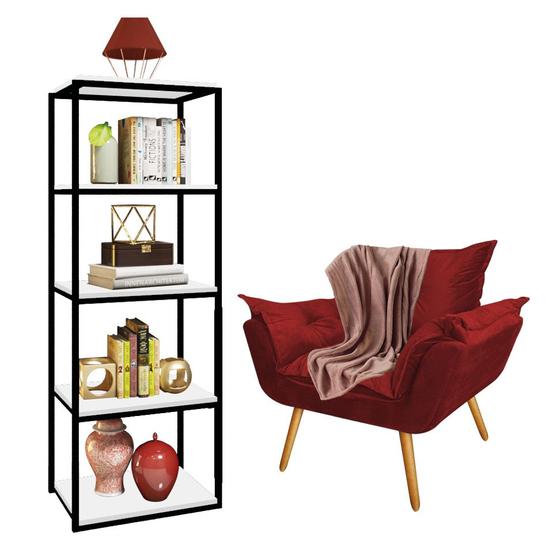 Imagem de Kit Poltrona Fatte com Manta Soft Salmão e Estante Livreiro Ferro Preto MDF Branco Suede Vermelho - Ahz Móveis