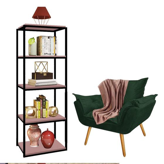 Imagem de Kit Poltrona Fatte com Manta Soft Salmão e Estante Livreiro Ferro Preto MDF Rose Suede Verde Musgo - Ahz Móveis