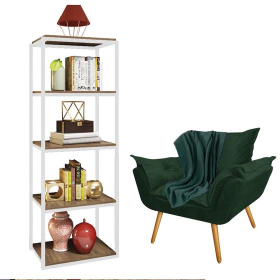 Imagem de Kit Poltrona Fatte com Manta Soft Verde e Estante Livreiro Ferro Branco MDF Freijó Suede Verde Musgo - Ahz Móveis