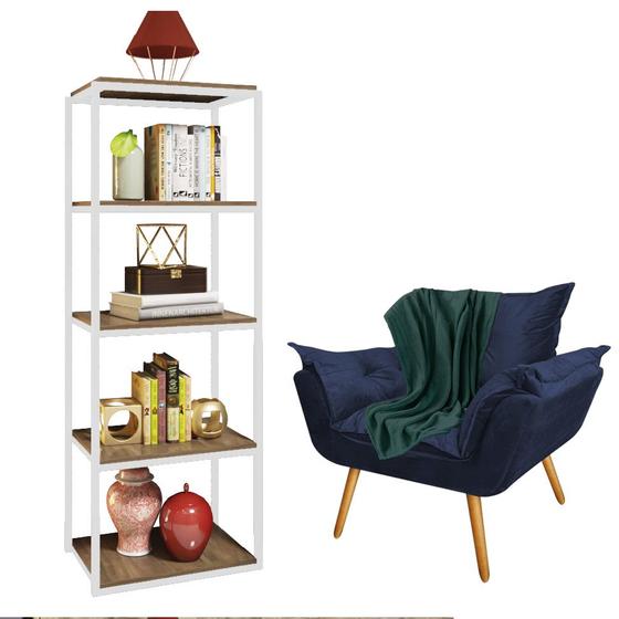 Imagem de Kit Poltrona Fatte com Manta Soft Verde e Estante Livreiro Ferro Branco MDF Imbuia Suede Azul Marinho - Ahazzo Móveis