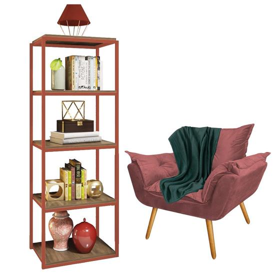 Imagem de Kit Poltrona Fatte com Manta Soft Verde e Estante Livreiro Ferro Bronze MDF Rústico Suede Rose Gold - Ahz Móveis