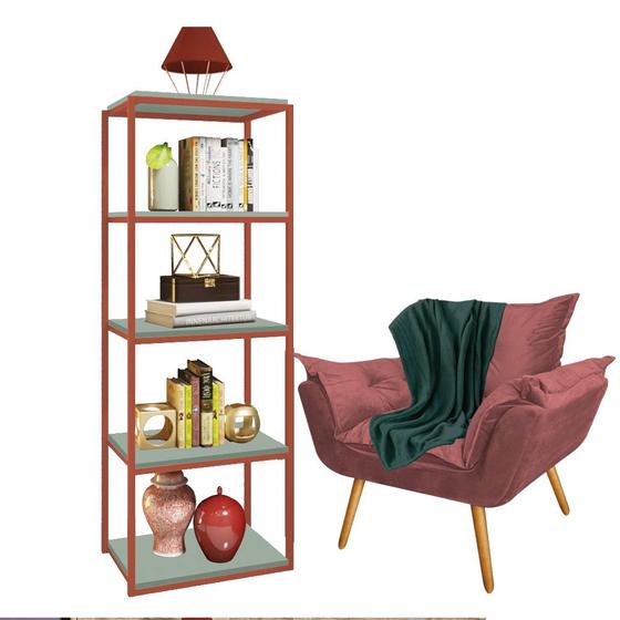 Imagem de Kit Poltrona Fatte com Manta Soft Verde e Estante Livreiro Ferro Bronze MDF Verde Oliva Suede Rose Gold - Ahz Móveis