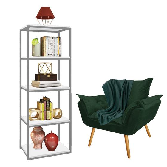 Imagem de Kit Poltrona Fatte com Manta Soft Verde e Estante Livreiro Ferro Cinza MDF Branco Suede Verde Musgo - Ahz Móveis