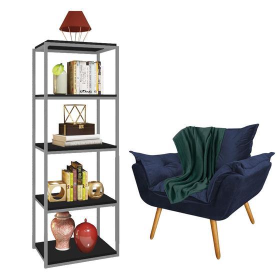 Imagem de Kit Poltrona Fatte com Manta Soft Verde e Estante Livreiro Ferro Cinza MDF Preto Suede Azul Marinho - Ahazzo Móveis